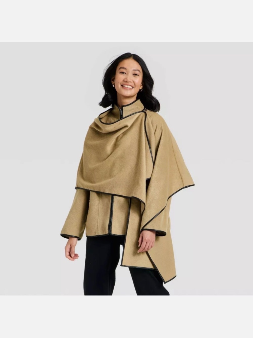 a new day Women's Faux Wool Scarf Coat Camel Faux Leather trim XL NWT
